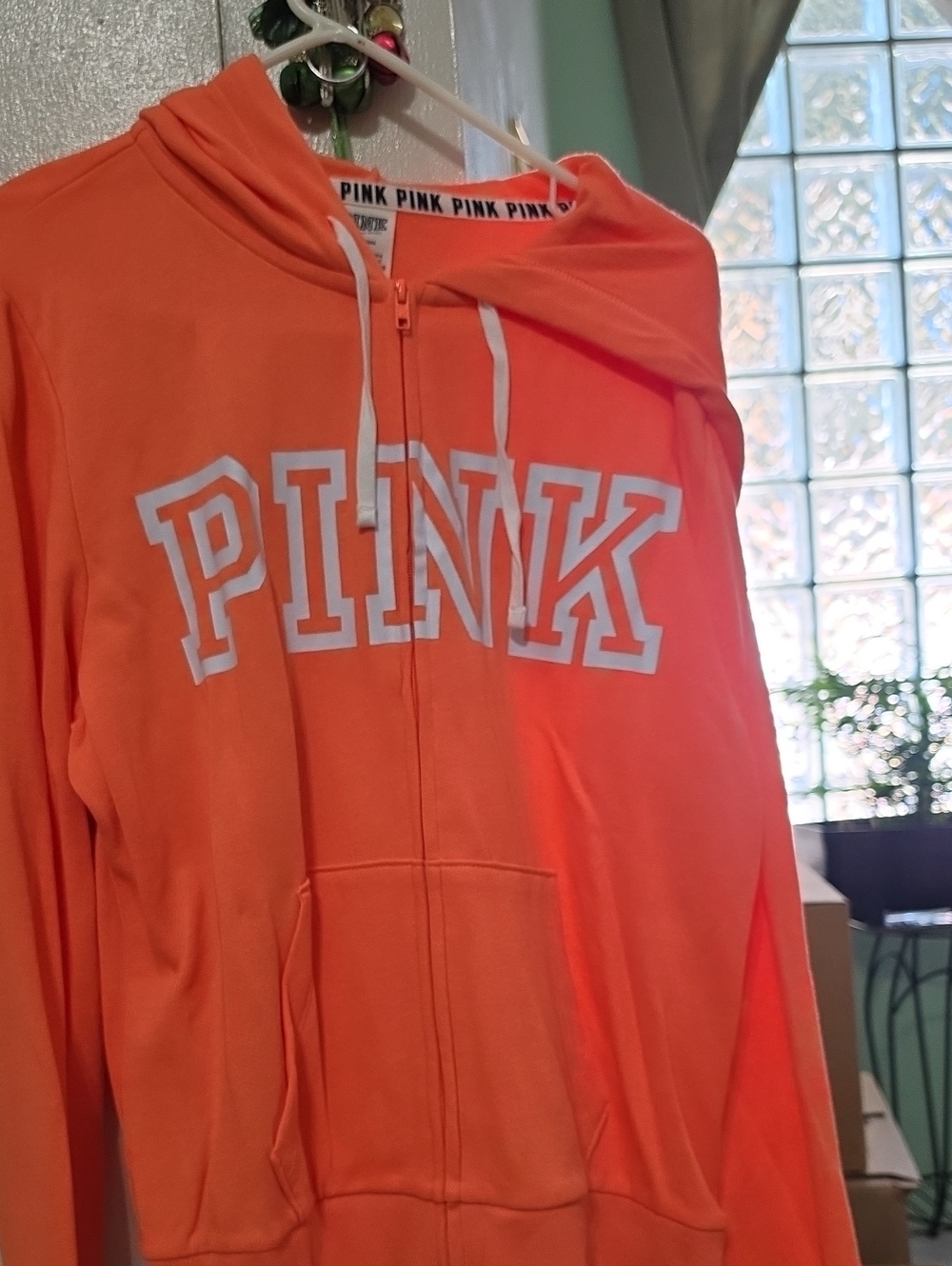 PINK Victoria's Secret Orange Full-Zip Hoodie with White Logo